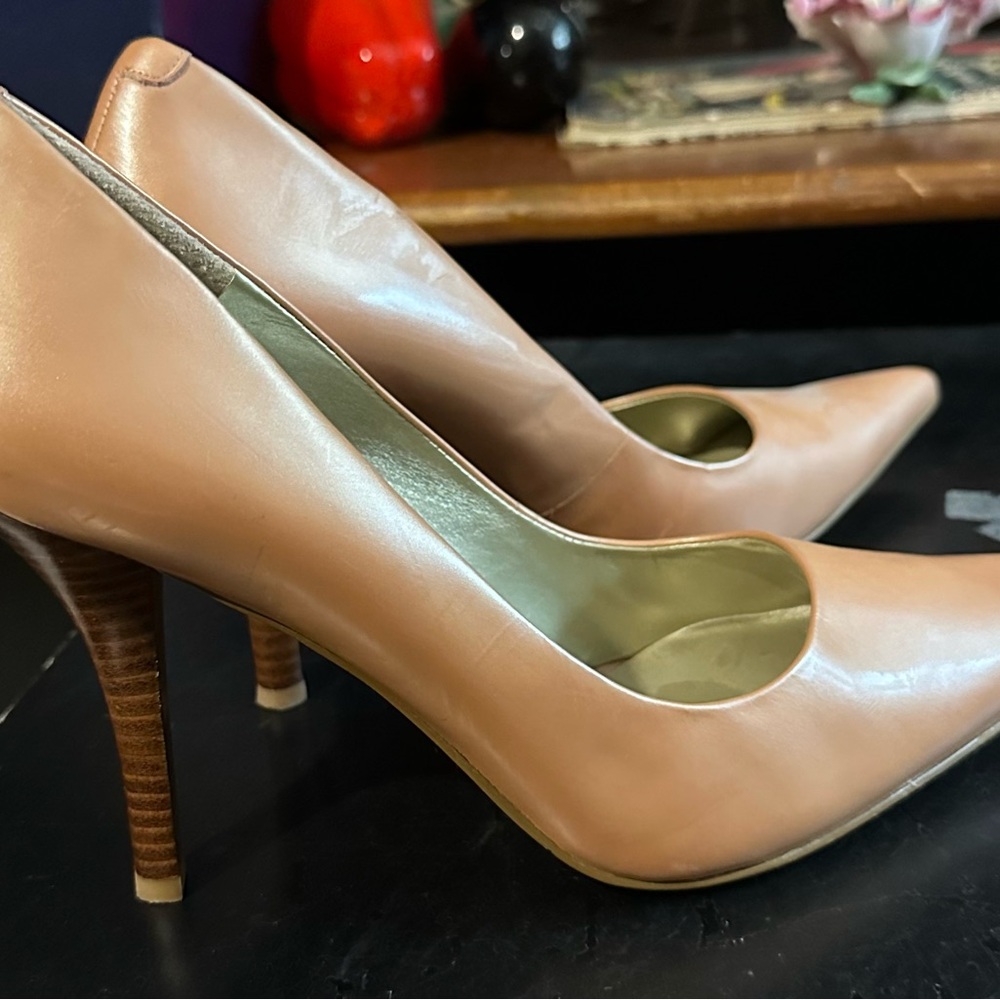 Nine West Womens 9M Fresh 3 Mauve Leather Patent Slip-On Pumps Wood 4” Heels